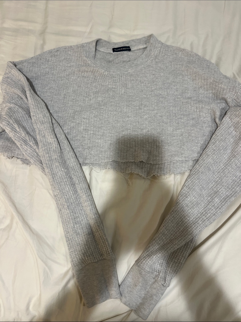 Blank NYC Cropped Waffle-Knit Long Sleeve Top in Light Gray